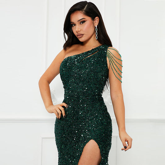 Women Wear Sequined One Shoulder Split Solid Color Slim Dress