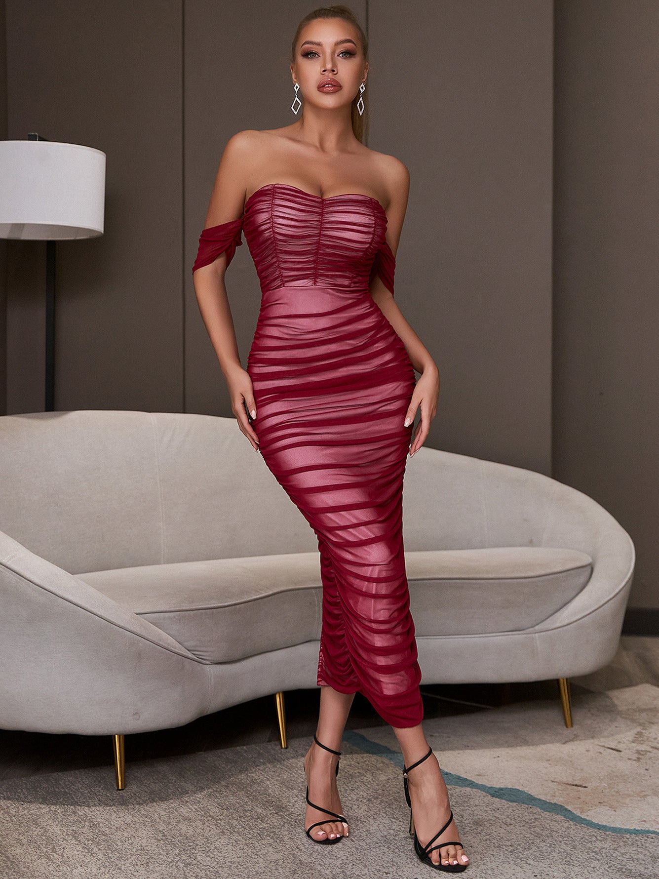 Bandeau One-Shoulder Tight Dress Women Sexy Wine Red Mesh Elegant Summer Evening Party Dress Maxi Dress