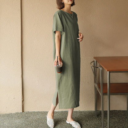 Spring Summer Dress Cotton Linen Niche Women Clothing Cotton Short Sleeve Casual Simple Loose Maxi Dress