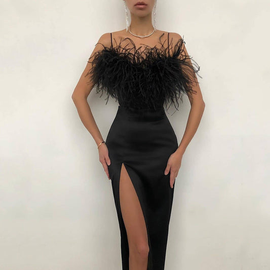 Spring Summer Women Clothing Suspender Feather Dress Banquet Slim Fit Slimming Arm Covering Dress