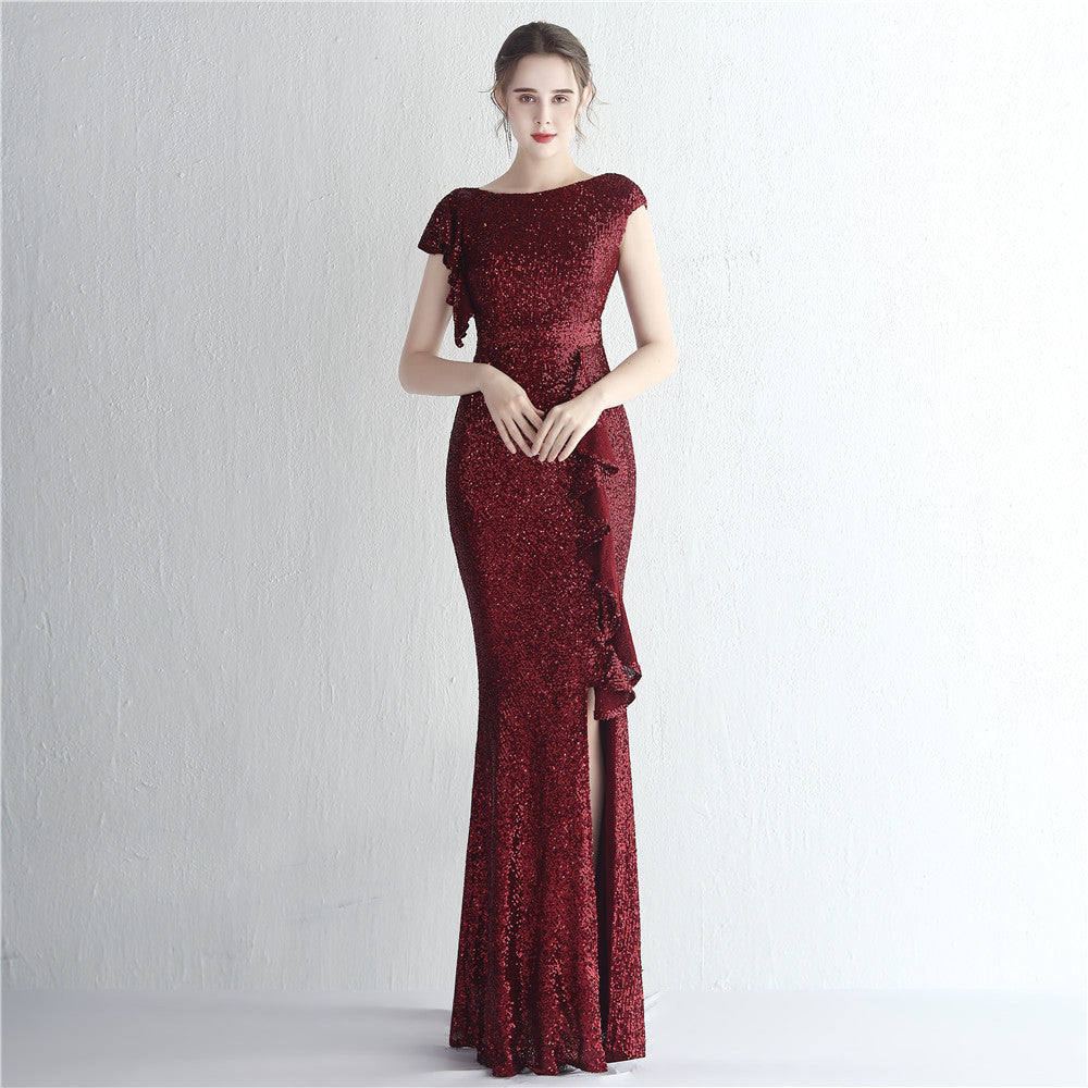 Robe de cocktail fendue longue à paillettes pour femme, tenue de soirée à paillettes, style reine