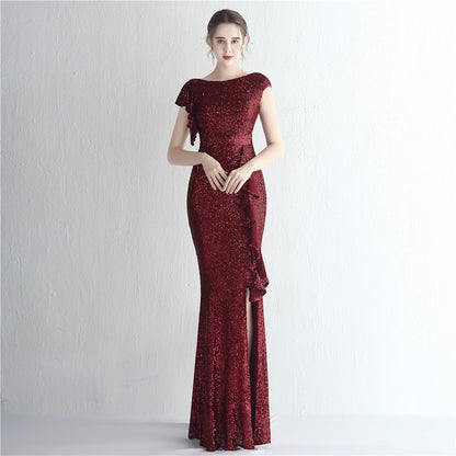 Robe de cocktail fendue longue à paillettes pour femme, tenue de soirée à paillettes, style reine