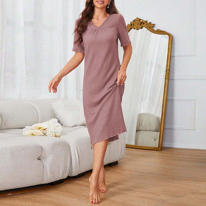 Col en V une étape été Simple confortable haute qualité mi-longue robe de nuit femmes