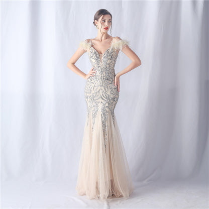 Ostrich Feather Craft Mesh Positioning Floral Sequin Annual Meeting Wedding Evening Dress