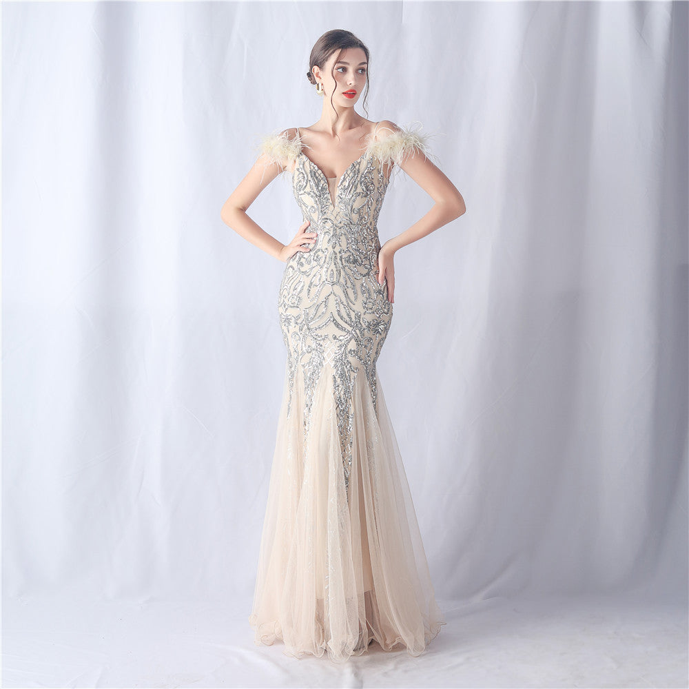 Ostrich Feather Craft Mesh Positioning Floral Sequin Annual Meeting Wedding Evening Dress