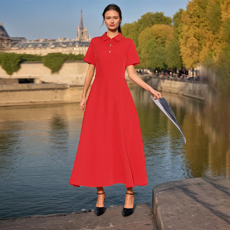 Vestido francés de mujer de alto sentido, ropa sencilla de verano para mujer, vestido Maxi con cuello de manga corta y cintura controlada