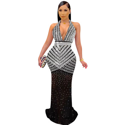 Women Sexy Wear Solid Color Mesh Rhinestone Sleeveless Maxi Dress