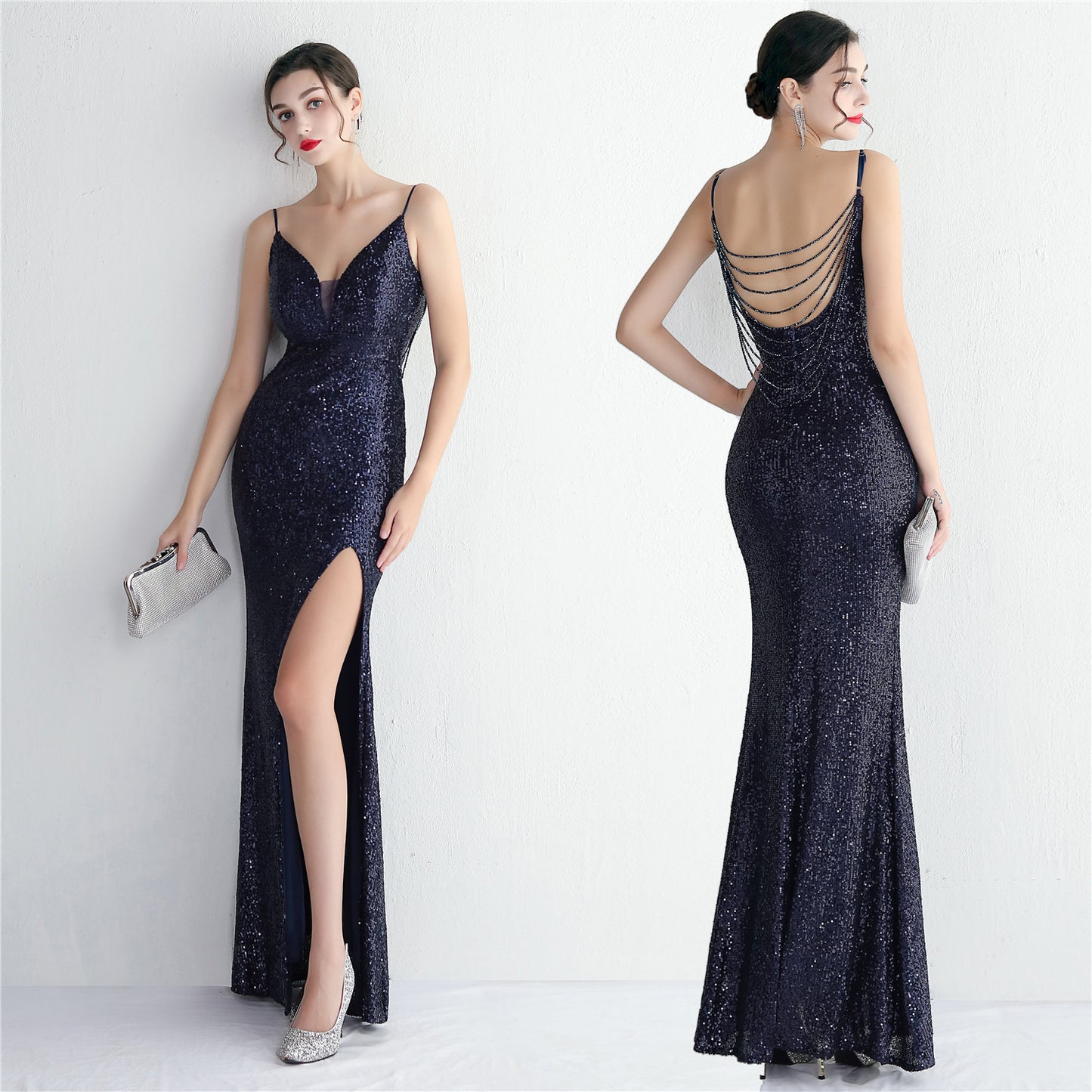 Sequin Beaded Long Camisole Gown Cocktail Slim Fit Evening Dress Elegant Stunning Fishtail Dress