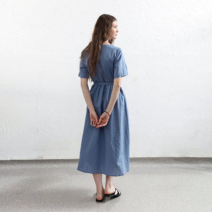 Niche Cotton Linen Short Sleeve A line Dress Spring Summer Women Clothing V neck Single Row Button Maxi Dress