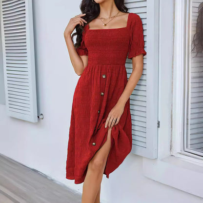 Spring Summer Dress Smocking Puff Sleeve Elegant Short Sleeve Dress Fastener Decoration Pleated A Line Dress Long Dress