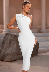 Elegant Women One Shoulder Bandage One Piece Dress Sexy Sleeveless Tight Sky Blue Evening Dress