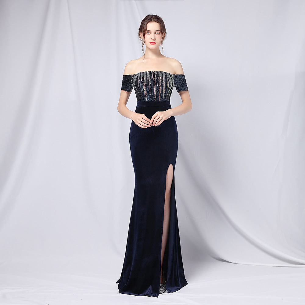 Vestido de noche de terciopelo con lentejuelas en degradado y hombros descubiertos para banquetes, vestido de fiesta sexy de mujer para reuniones anuales de empresas, vestido formal con abertura larga