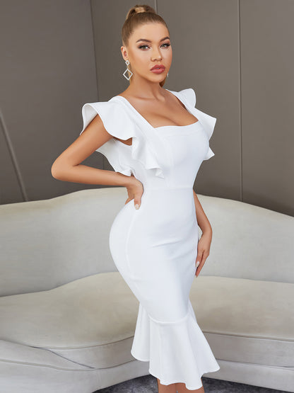 Robe d'été sexy à manches papillon et volants évasés en bandage une pièce pour soirée de mariage en club mondain