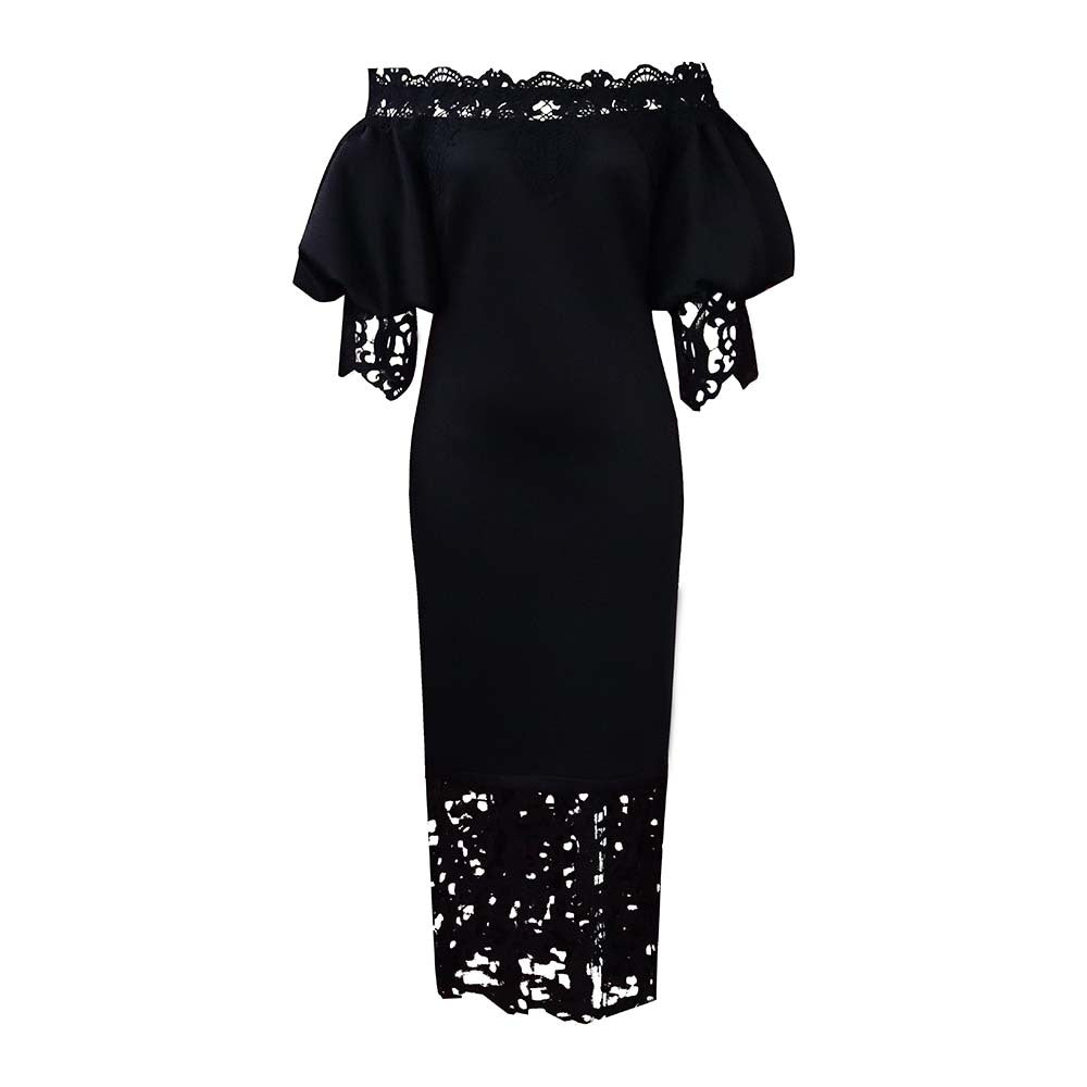 Women Clothes Elegant Lace Stitching Off Neck Dress