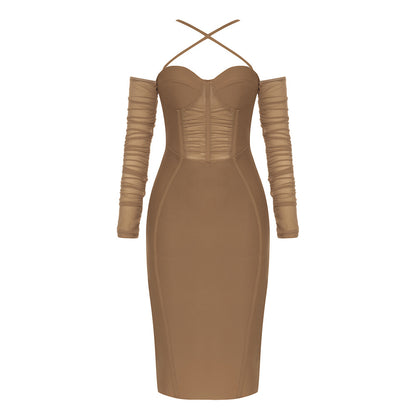 Dress Bandage Dress Simple Sexy Cross off-Shoulder Backless Slim Fit Long Sleeve Dress Women