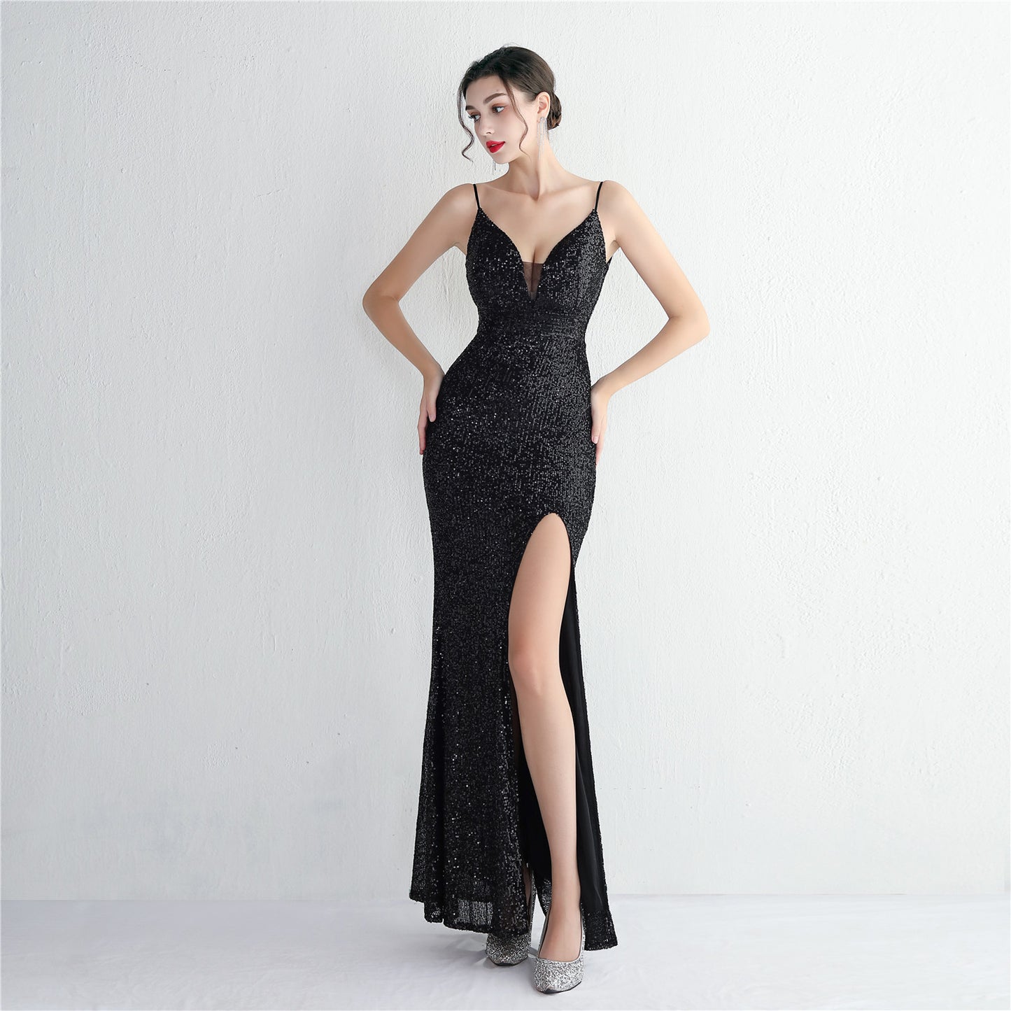 Sequin Beaded Long Camisole Gown Cocktail Slim Fit Evening Dress Elegant Stunning Fishtail Dress