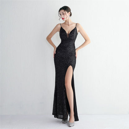 Sequin Beaded Long Camisole Gown Cocktail Slim Fit Evening Dress Elegant Stunning Fishtail Dress