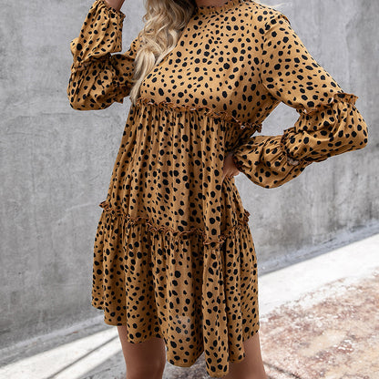 Women Clothing Autumn Milk Spots Fungus Long Sleeve Dress Women