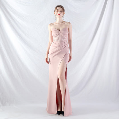 Heavy Industry Court Boning Corset Vest Tight Waist High End Small Drape Satin Evening Dress