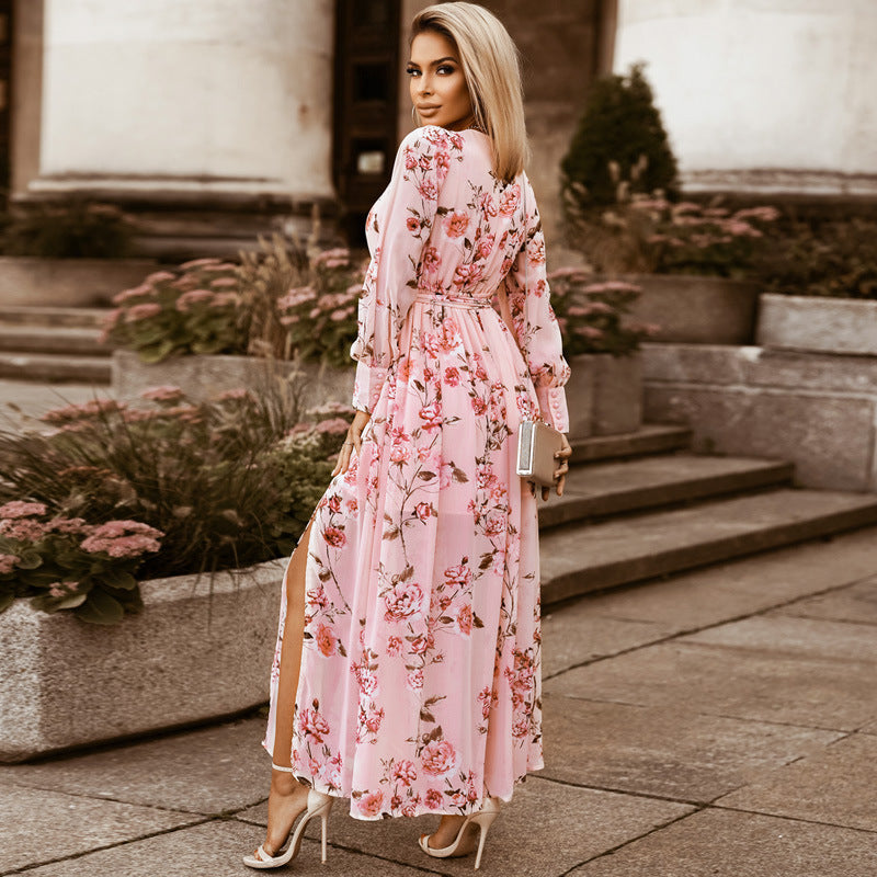 Vestido de manga larga con estampado floral para primavera y verano, vestido bohemio que adelgaza la cintura