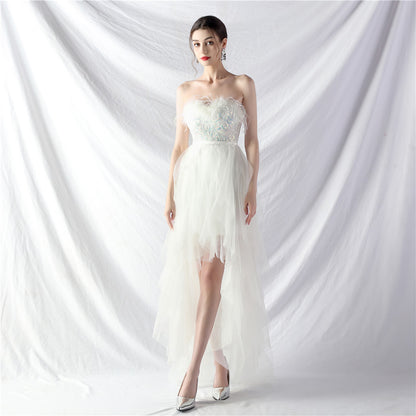 Hand Ordered Ostrich Feather Positioning Floral Sequin Mesh Front Short Back Long Wrapped Chest Evening Dress