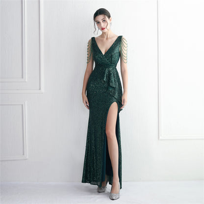 Handmade Beaded Sequined Dress for Ladies Cocktail Elegant Long Sequined Atmosphere Queen Dinner Fishtail