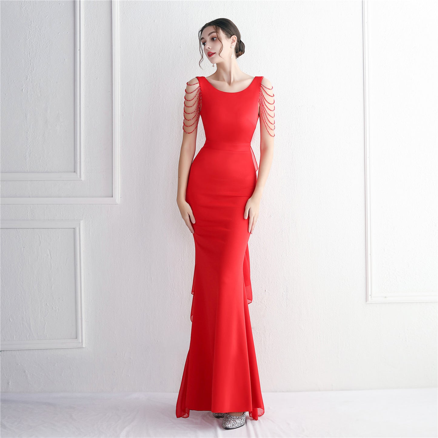 Chiffon Satin Cloth Craft Beaded Long Cocktail Slim Fit Evening Dress Elegant Long Annual Meeting Host