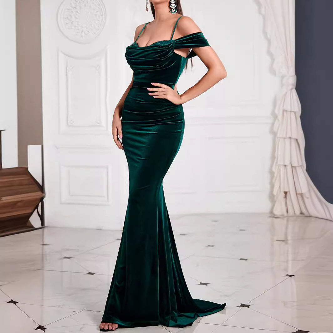 Vestido verde sexy con hombros descubiertos y espalda descubierta para mujer