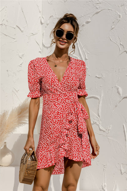 summer Sexy V-neck Floral Tie-Neck Dress