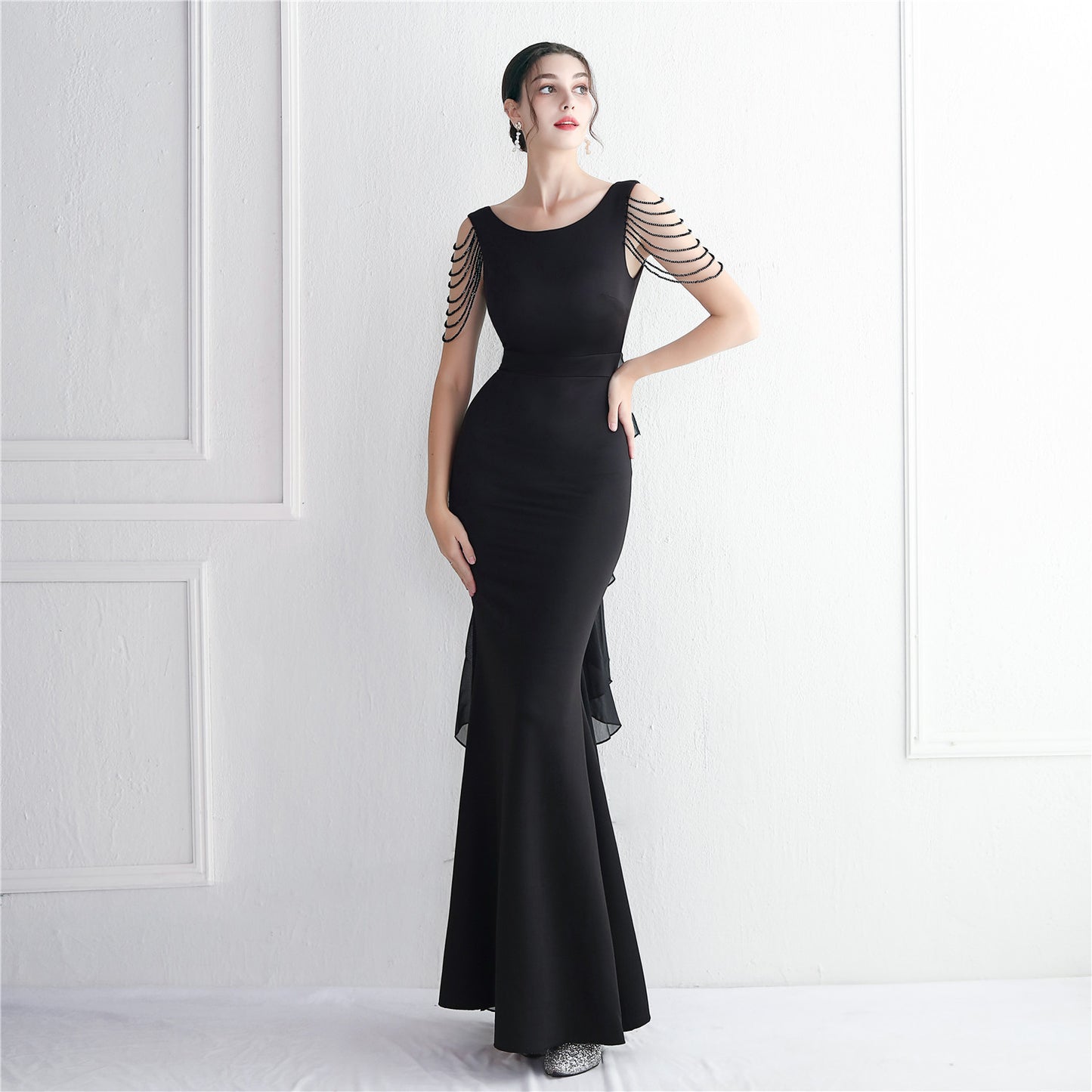 Chiffon Satin Cloth Craft Beaded Long Cocktail Slim Fit Evening Dress Elegant Long Annual Meeting Host