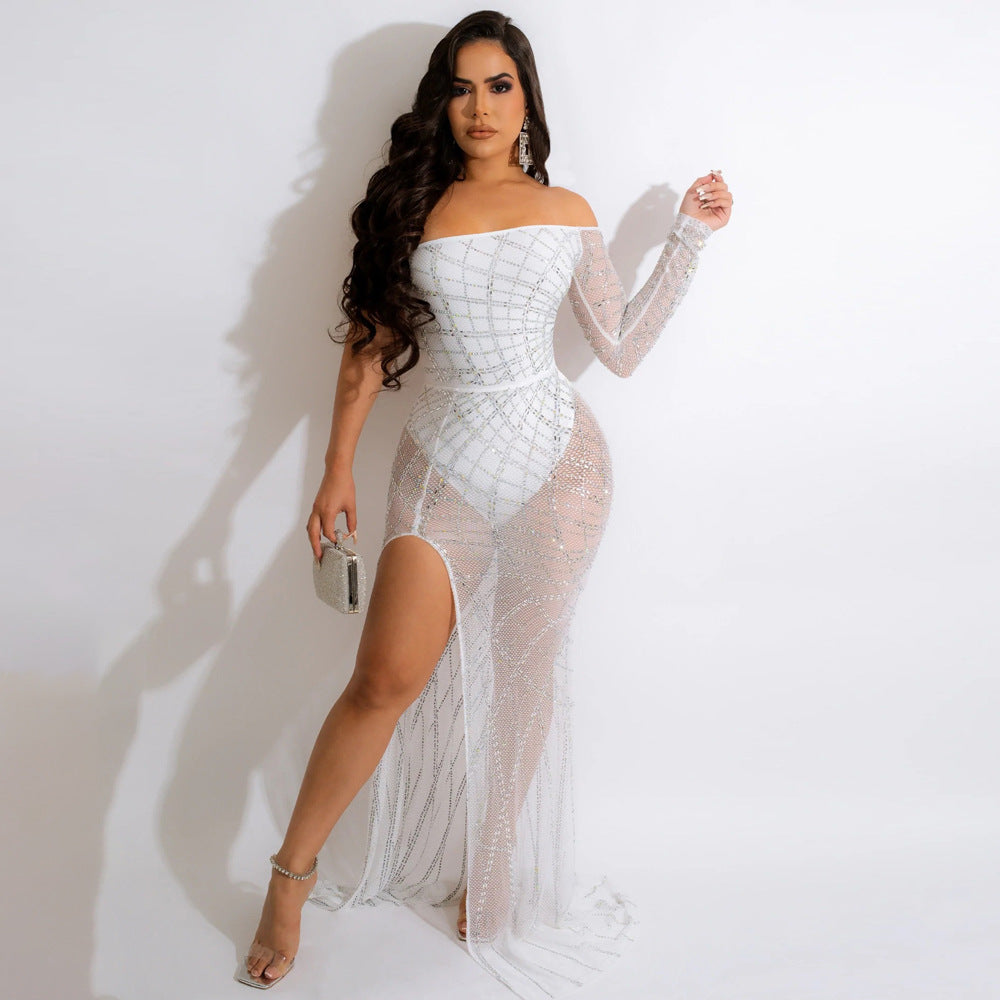 Sexy Off Shoulder See-through Rhinestone High Slit Dress Nightclub Party