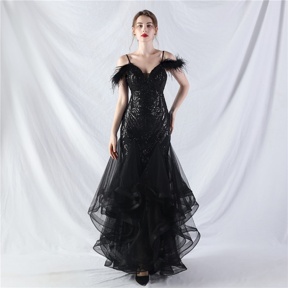 Craft Order – robe de spectacle de danse en maille dure, plumes d'autruche, positionnement, paillettes florales, couture, maille