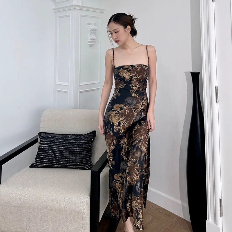 Robe longue d'été sexy et slim avec poches et bretelles imprimées