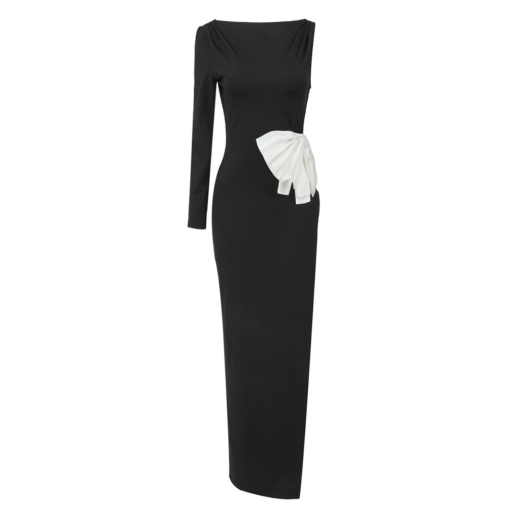 Black One Shoulder Long Sleeve White Bow Formal Dress Women Clothing Sexy Oblique Shoulder Slim Fit Slit