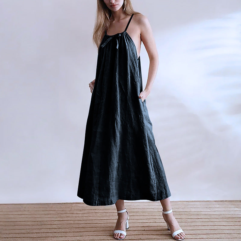 Robe camisole d'été en lin, bretelles licou, en coton et lin, Design de Niche, Maxi, vêtements pour femmes