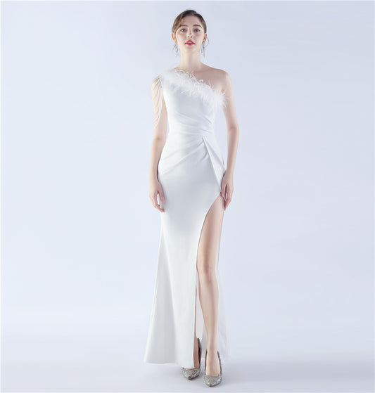 Craft Beaded Plus Ostrich Feather Annual Meeting Ceremony Wedding Evening Dress Winter