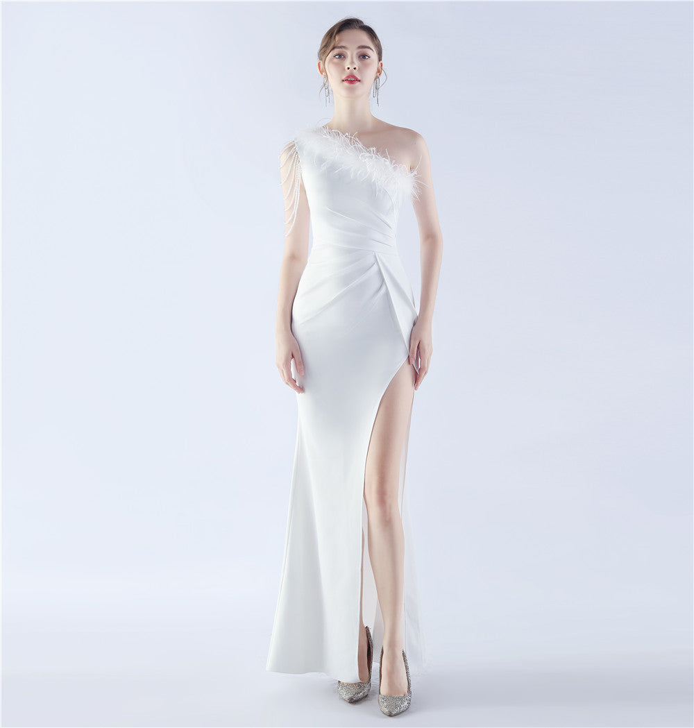 Craft Beaded Plus Ostrich Feather Annual Meeting Ceremony Wedding Evening Dress Winter