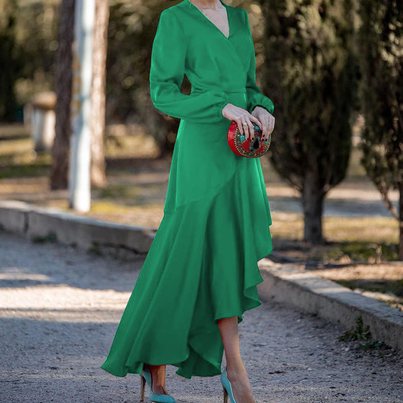 Ropa de mujer de otoño elegante vestido con volantes y cuello en V de manga larga