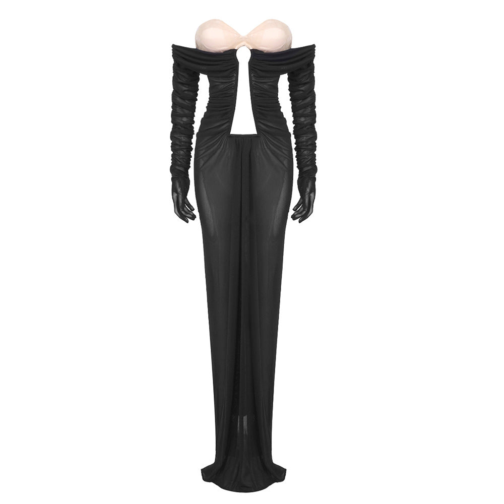 Robe d'été en maille plissée noire abricot, ajourée, découpée, bustier tubulaire pour femmes