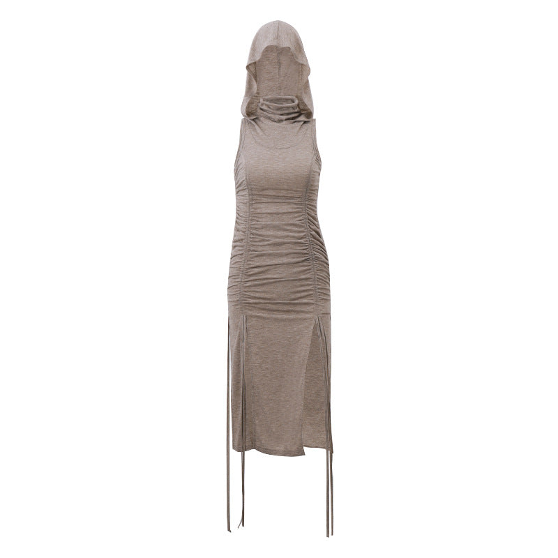 Summer Women Clothing Turtleneck Hooded Pleated Drawstring Tight Waist Sexy Cutout Slit Dress