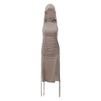 Summer Women Clothing Turtleneck Hooded Pleated Drawstring Tight Waist Sexy Cutout Slit Dress