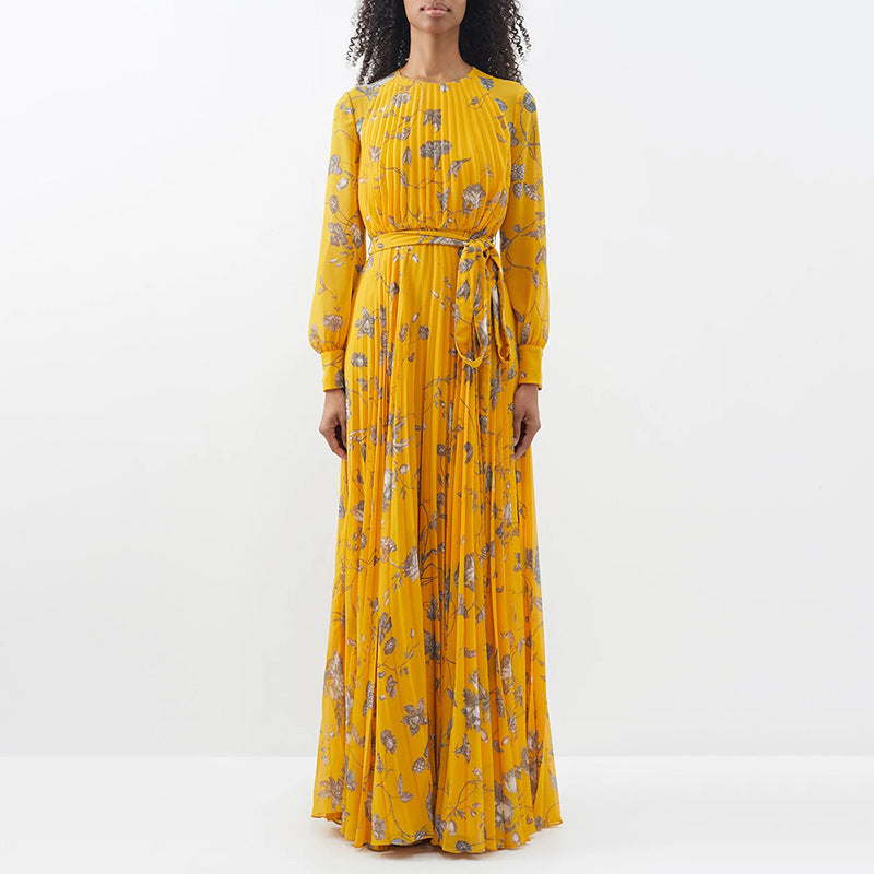 Robe longue à fleurs françaises plissée à lacets et à la taille pour femme