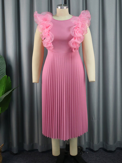 Early Autumn Mesh Stitching Dress Sleeveless Pleated High Waisted Dresses