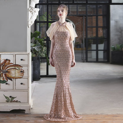 Robe de mariée longue en maille à paillettes pour dîner d'appréciation, robe d'exposition de modèle de voiture de mariage à licou en queue de poisson