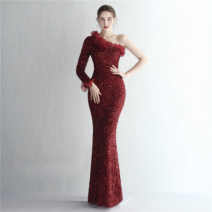 Handmade Sequin Craft Yarn Ladies Cocktail One Shoulder Long Sleeve Long Sequined Aura Queen Fishtail