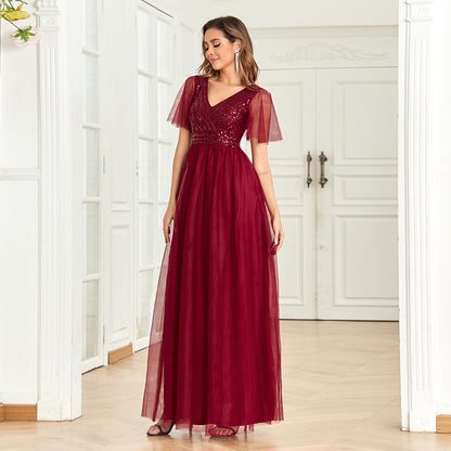 Robe de soirée élégante rouge vin à col en V pour femme, ligne A, fermeture éclair dans le dos, coutures en maille, paillettes, manches courtes, robe de mariée