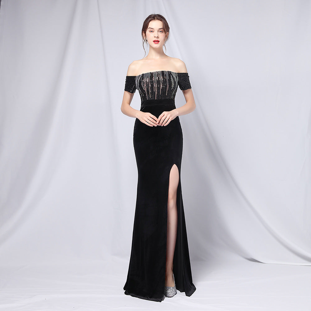 Velvet Gradient Sequin off-Shoulder Banquet Evening Dress Dress Company Annual Meeting Female Sexy Long Slit Formal Gown