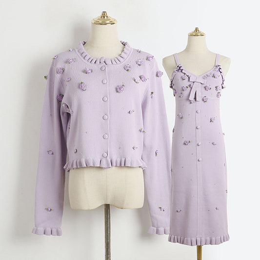 Three Dimensional Rose Floral Binding Purple Autumn Winter Lady Lotus Collar Knitted Cardigan Mid Length Suspender Dress Two Piece Set