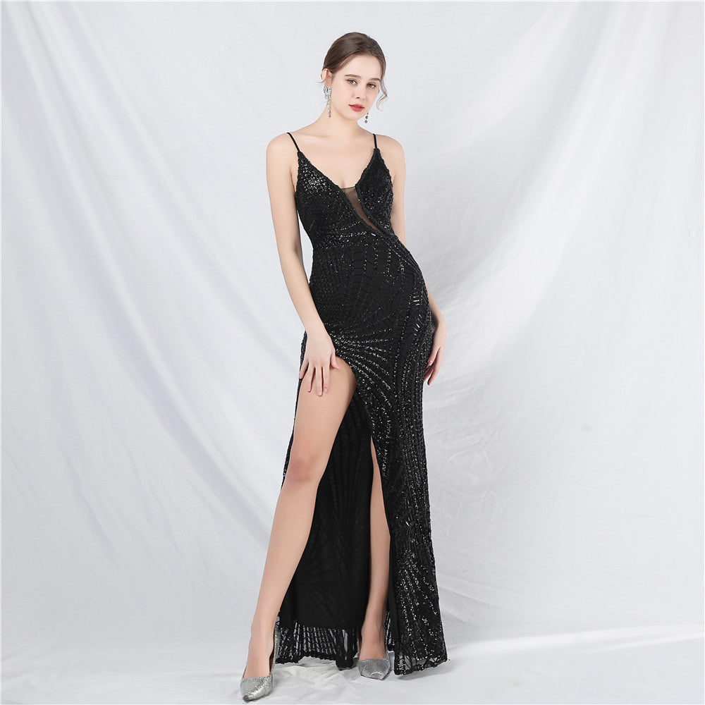 Heavy Industry Beaded Sequin Gauze See through Strap Long Evening Dress