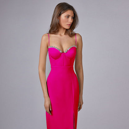 Robe de banquet une pièce sexy en tricot avec fente et caraco incrusté de diamants pour femme